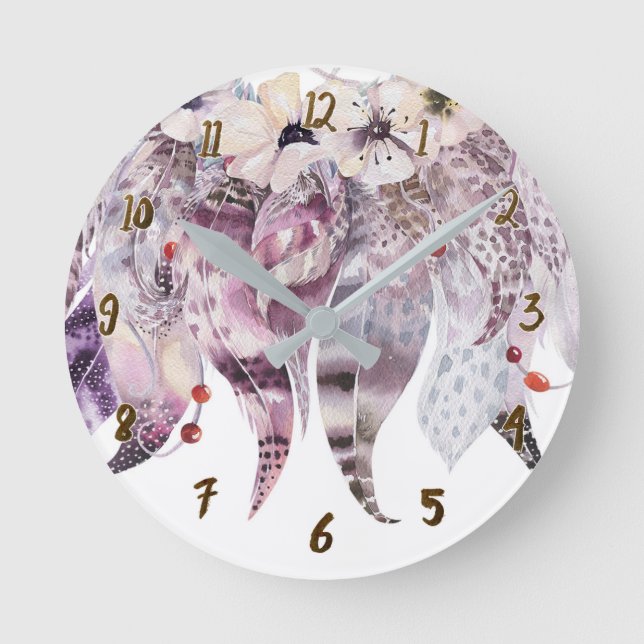 Horloge Ronde Anémone rêveuse rustique de receveur de plumes (Recto)