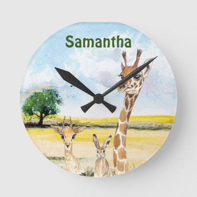 Horloge Ronde Animaux Afrique nurserie Chambre d'enfant Girafe (Recto)