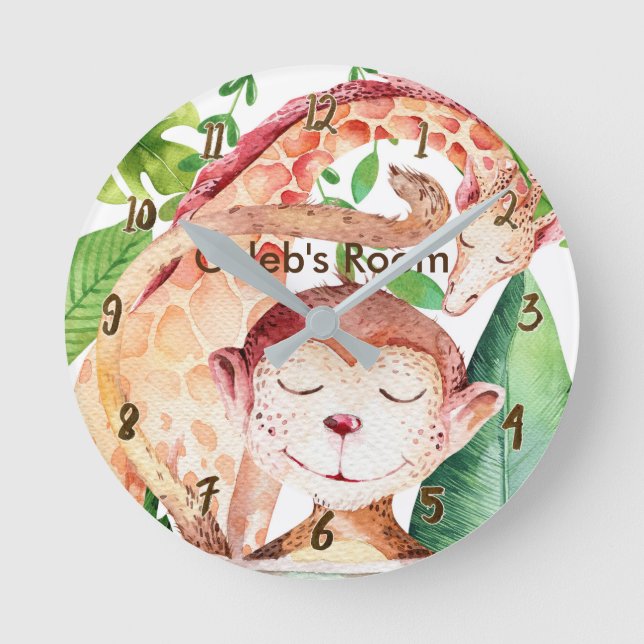 Horloge Ronde Animaux aquarelle singe et girafe personnalisés (Recto)