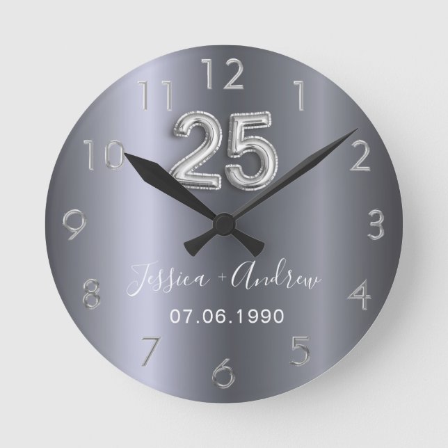 Horloge Ronde anniversaire de mariage de 25 ans noms argent (Recto)