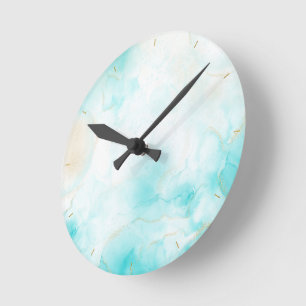 Horloge Ronde Aqua Gold moderne Encre d'alcool Art Aquarelle Océ