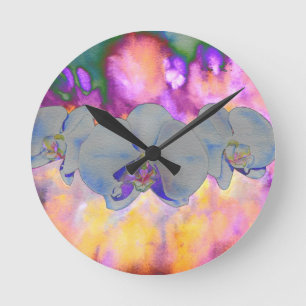 Horloge Ronde Aquarelle Abstraite orchidées tropicales