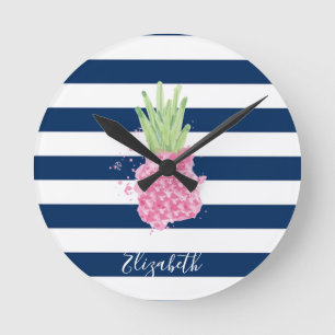 Horloge Ronde Aquarelle Ananas Tropical ,Rayé Bleu Marine 