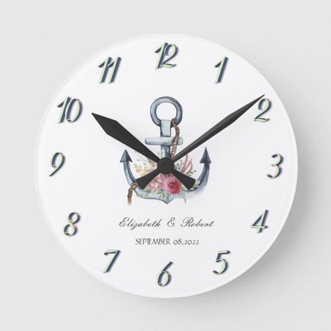 Horloge Ronde Aquarelle Ancre Fleurs Nautiques (Recto)