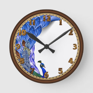 Horloge Ronde Aquarelle bleu et turquoise paon