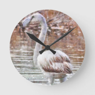 Horloge Ronde Aquarelle de Flamant rose exotique