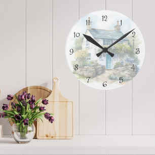 Horloge Ronde Aquarelle été Anglais Pays Cottage