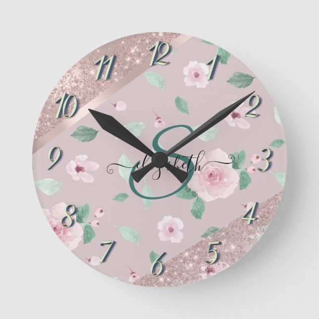 Horloge Ronde Aquarelle Fleurs Rose or Monogramme (Recto)