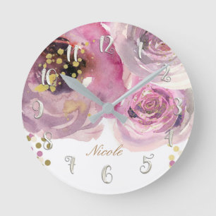 Horloge Ronde Aquarelle Fleurs Roses & Or Moderne Personnalisé