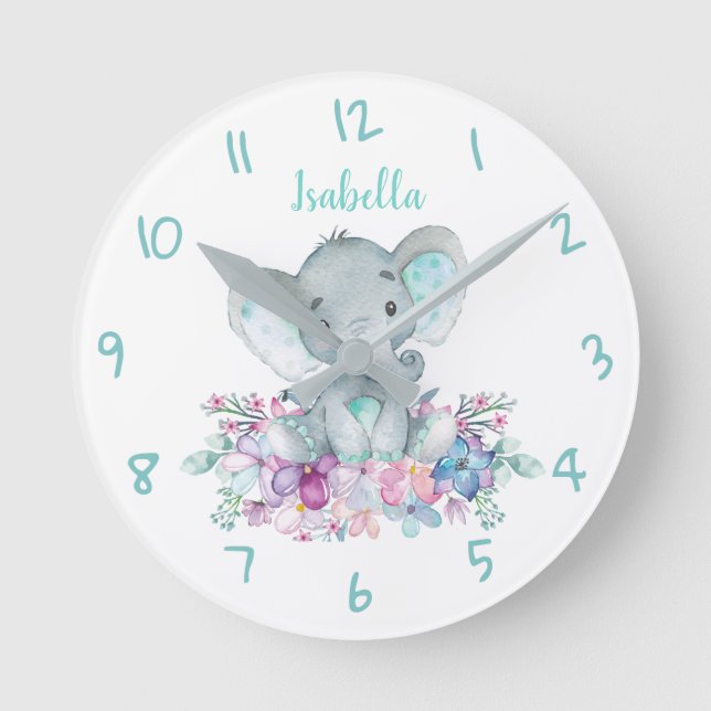 Horloge Ronde Aquarelle florale d'éléphant de Safari mignonne (Recto)