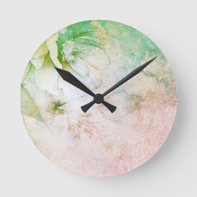 Horloge Ronde *~* Aquarelle florale Pêche rose Parties scintilla (Recto)