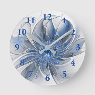 Horloge Ronde Aquarelle gris bleu Abstrait Fractal Art Flower