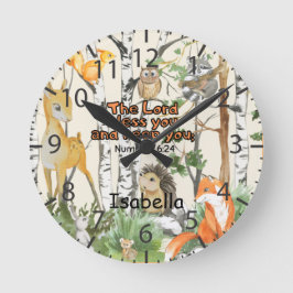 Horloge Ronde Aquarelle mignonne Bois Animaux Écriture Nom