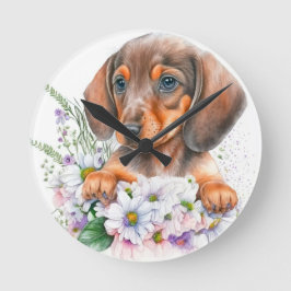 Horloge Ronde Aquarelle mignonne Floral Dachshund Chien chiot