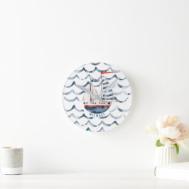 Horloge Ronde Aquarelle Monogramme Rouge Et Bleu
