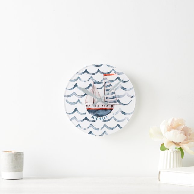 Horloge Ronde Aquarelle Monogramme Rouge Et Bleu (Maison)