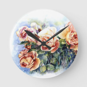 Horloge Ronde Aquarelle orange fleurs rose illustration flowe