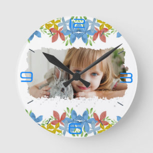 Horloge Ronde Aquarelle photo personnalisée Floral