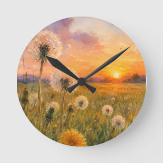 Horloge Ronde Aquarelle Pissenlits au Paysage de Prairie au Couc