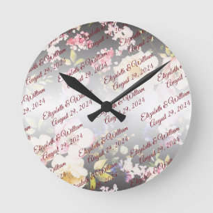 Horloge Ronde Aquarelle rose Roses jaunes, noir flou, Mariage