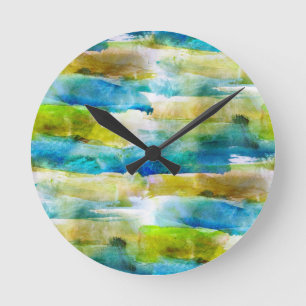 Horloge Ronde Aquarelle vert abstrait, bleu