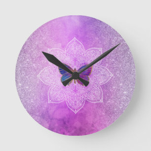 Horloge Ronde *~* Aquarelle Yoga Butterfly Mandala Parties scint