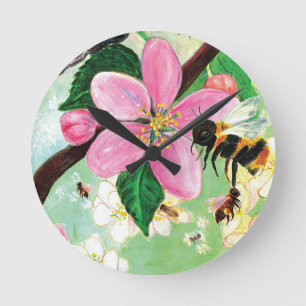 Horloge Ronde Arbre florissant printanier avec abeilles