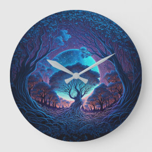 Horloge Ronde Arbre mystique des racines illuminé par la grande