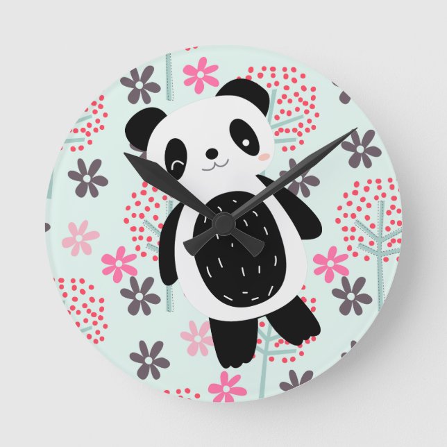 Horloge Ronde Arbres, fleurs et ours de panda (Recto)