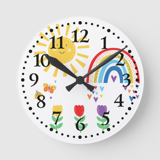 Horloge Ronde Arcs-en-ciel, Soleil, Papillons, Tulipes Enfants (Recto)