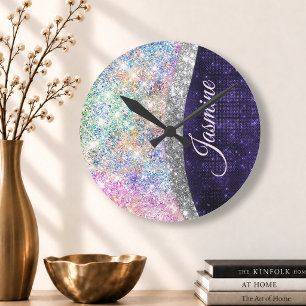 Horloge Ronde argent faux scintillant violet iridescent monogram