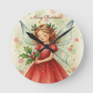 Horloge Ronde Art aquarelle de fée de Noël pour les fêtes