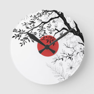 Horloge Ronde Art de pinceau Soleil et Nature Japonais