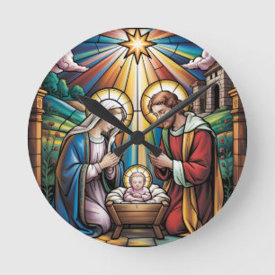 Horloge Ronde Art de verre teinté de la Nativité – Noël de la Sa