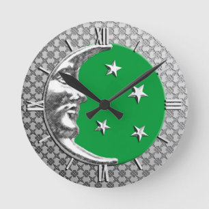 Horloge Ronde Art Deco Moon and Stars, Jade Green and Silver