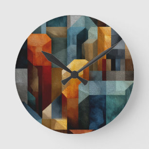 Horloge Ronde Art Géométrique Abstrait Texturé Bleu Orange Luxe
