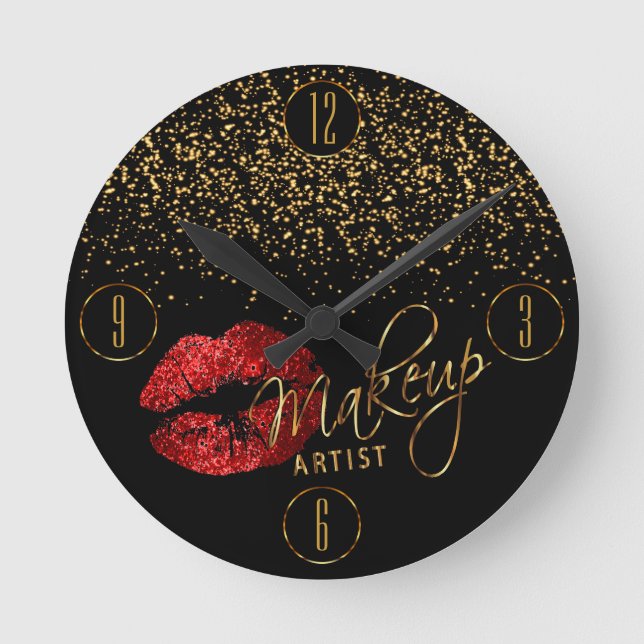 Horloge Ronde Artiste maquillage Lèvres rouges et Confetti or (Recto)