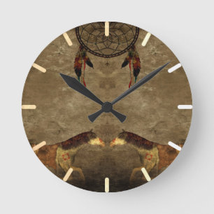 Horloge Ronde Autochtone américain - Chevaux et chasseur de rêve