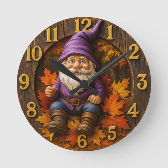 Horloge Ronde Autumn gnome with maple leaves rustic (Recto)