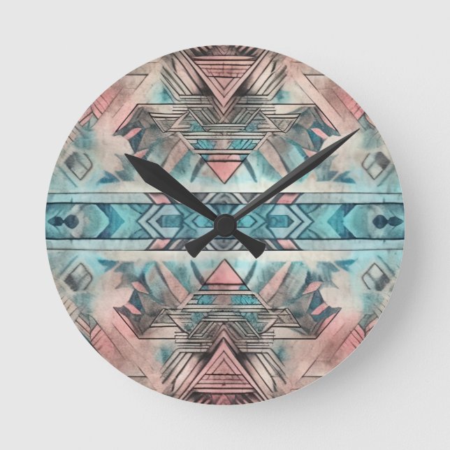 Horloge Ronde Aztec Sud-Ouest Pastel Rose Et Bleu (Recto)