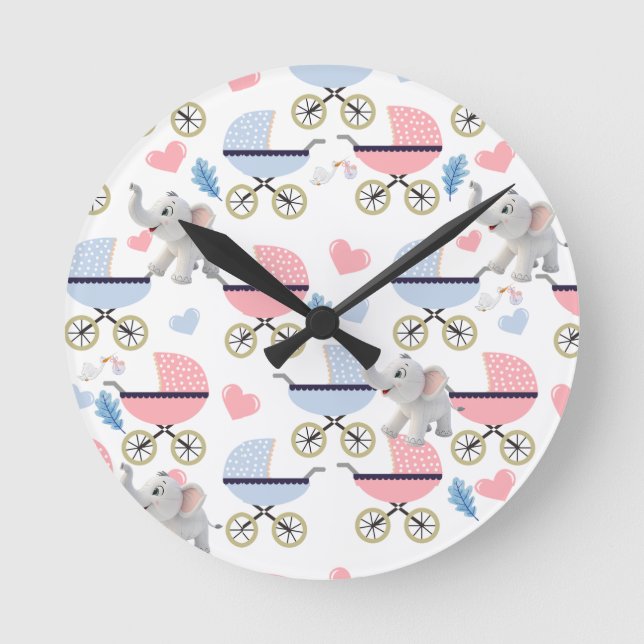 Horloge Ronde Baby Stroller Stork Elephant Blue & Pink Clock (Recto)
