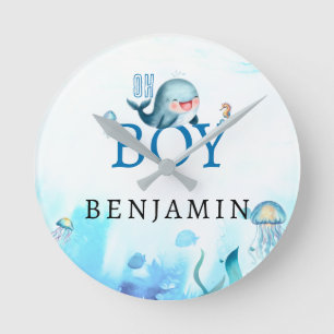 Horloge Ronde Baleine mignonne sous la mer Aquarelle Boy Bleu Bl