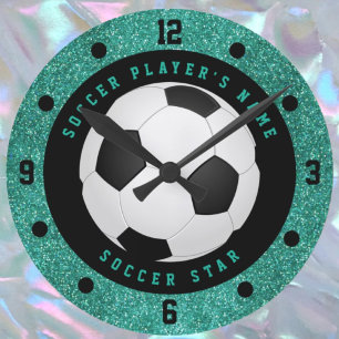 Horloge Ronde Balle de football à paillettes fausses sarcelle po