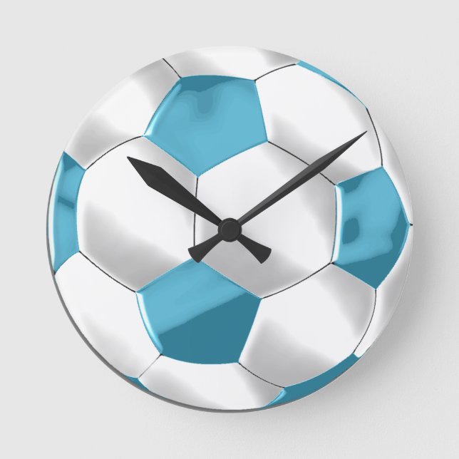 Horloge Ronde Balle de football bleu et blanc turquoise (Recto)