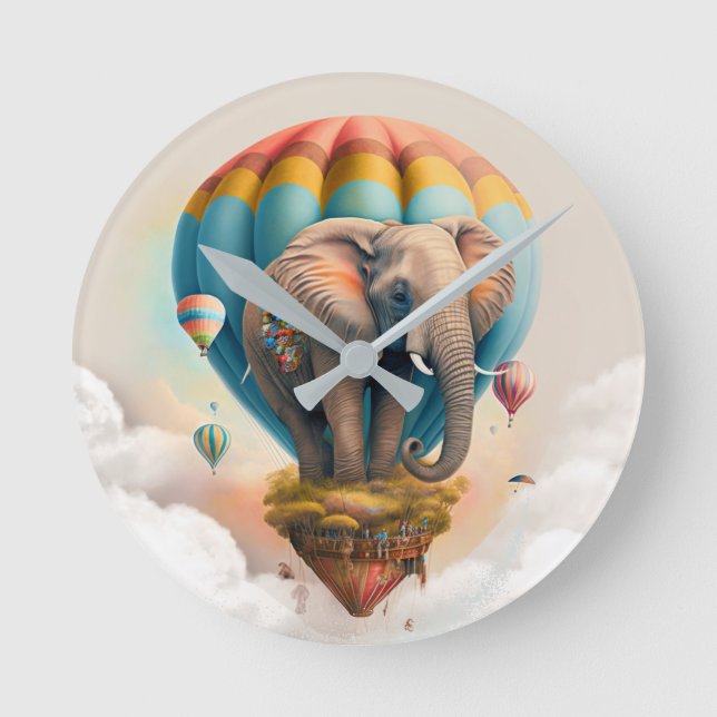 Horloge Ronde Ballons à air chaud Eléphant mignon animal Whimsic (Recto)