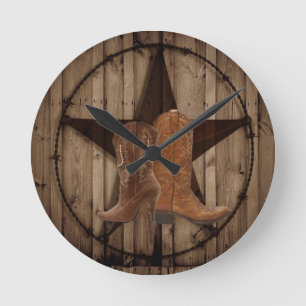 Horloge Ronde Barn Wood Texas Star western country cowboy bottes