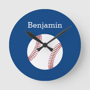 Horloge Ronde Base-ball avec le nom fait sur commande - bleu