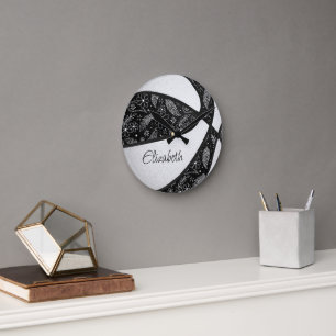 Horloge Ronde basketball girly boho paisley motif noir blanc
