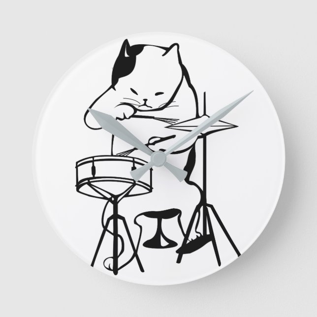 Horloge Ronde Batch Cat Drums Musician Rock Jazz Funny Cute (Recto)
