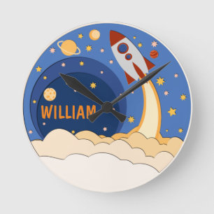 Horloge Ronde Bateau à fusée dans l'espace mignonne Nursery pers